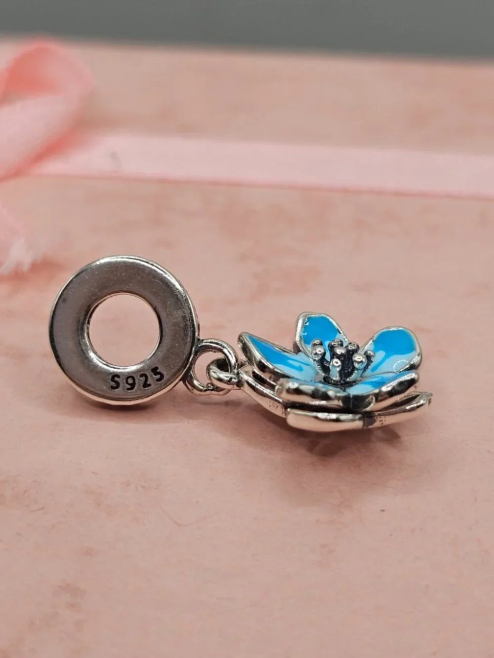 Sterling Silver 925 Rhodium Plated CZ Dangling Blue Blossom Charm